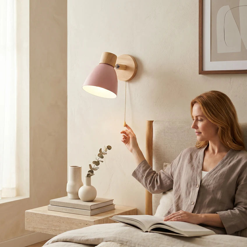 Nordic Wood Wall Sconce with Pull Switch | 5 Colors | Qonforta