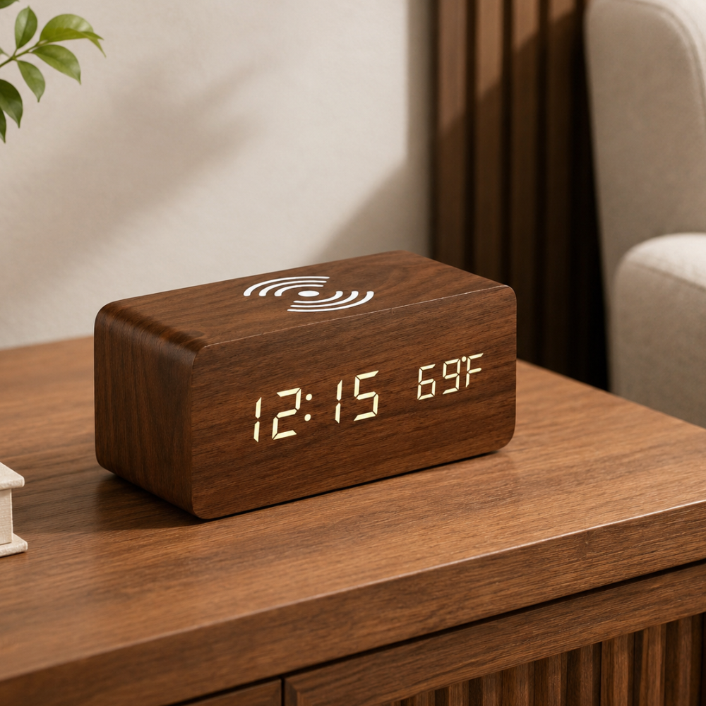 Wooden Alarm Clock | Wireless Charging | Qonforta