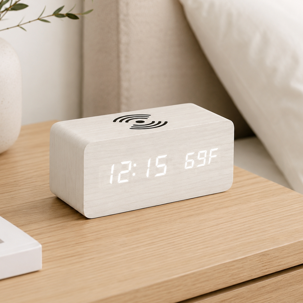 Wooden Alarm Clock | Wireless Charging | Qonforta