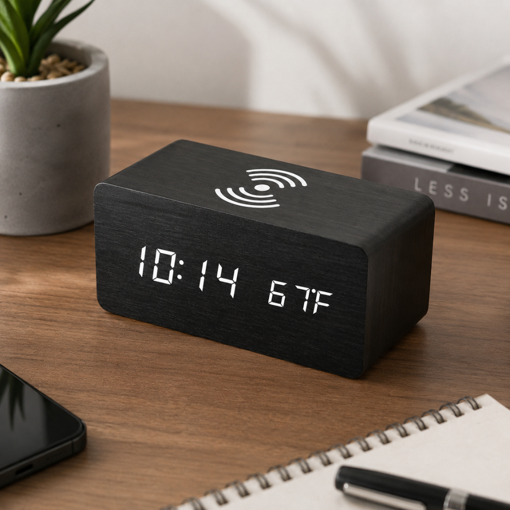 Wooden Alarm Clock | Wireless Charging | Qonforta
