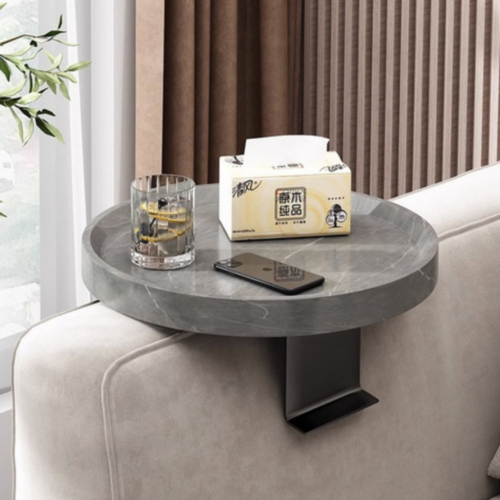 Sofa arm tray in Gray Marble on a light gray sofa