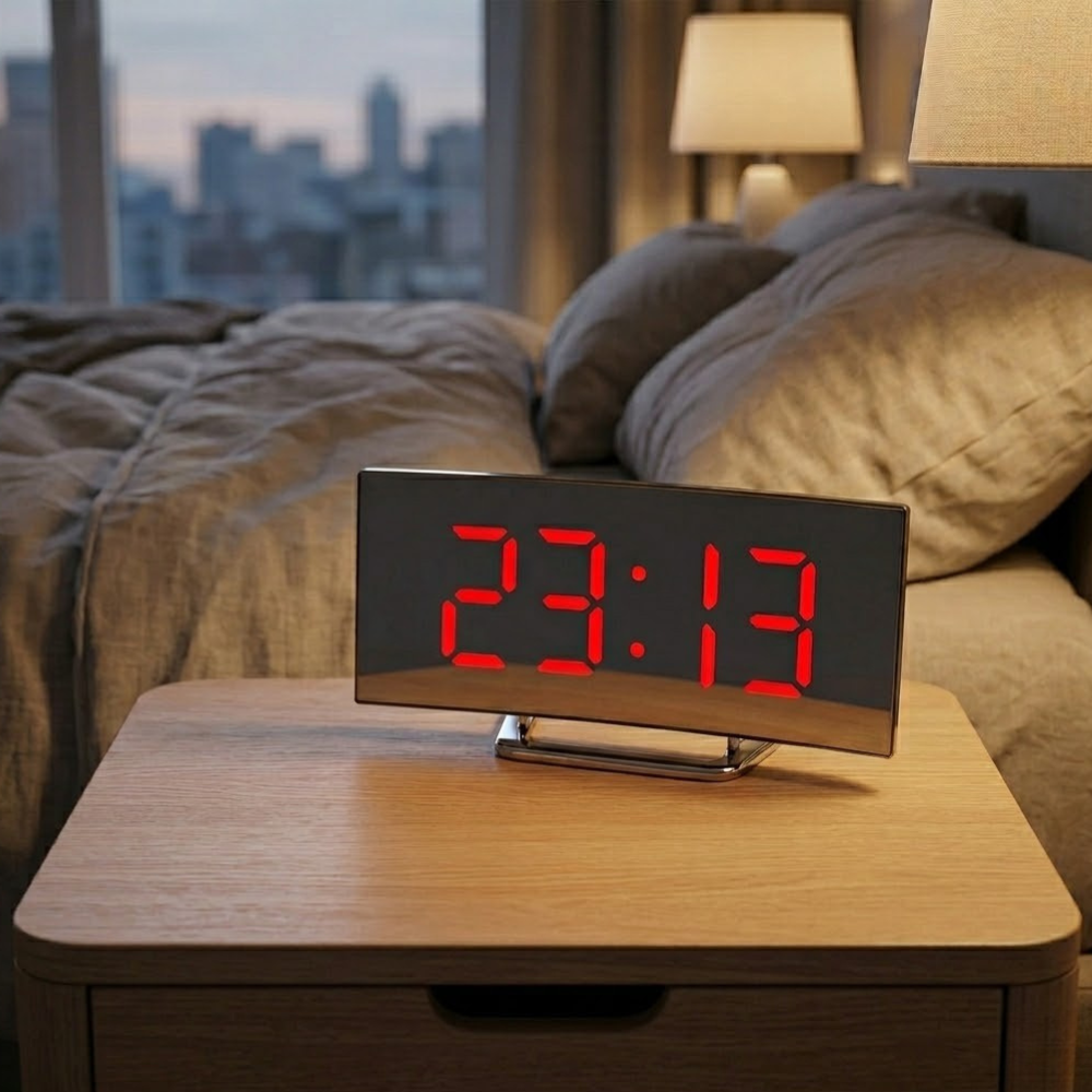 Curved LED Digital Alarm Clock | Adjustable Dimming | Qonforta