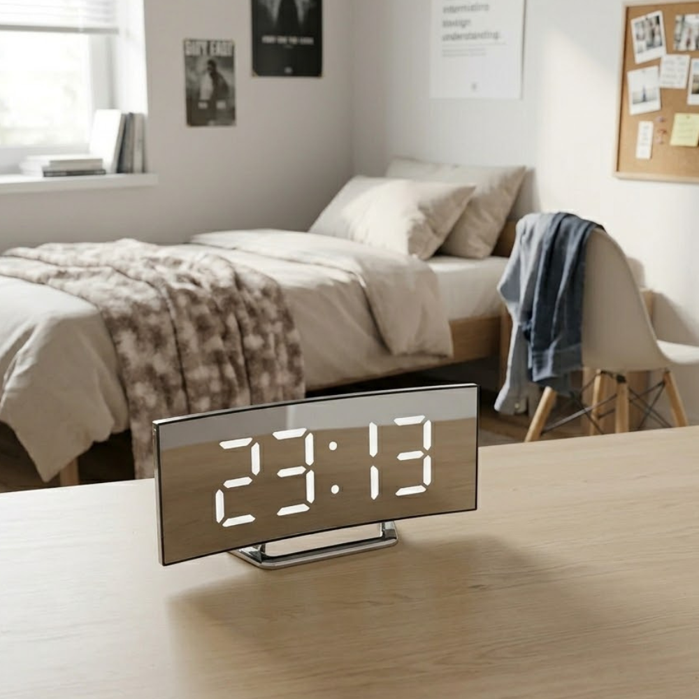 Curved LED Digital Alarm Clock | Adjustable Dimming | Qonforta