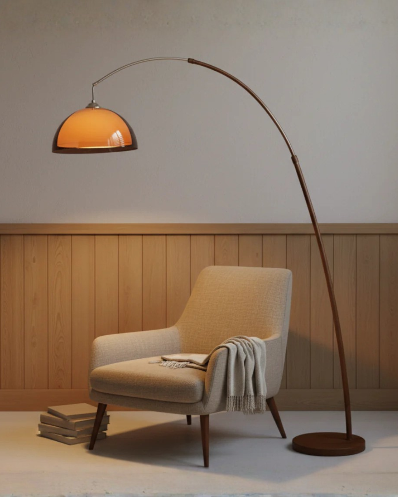 Ventoro Arc Floor Lamp | Mid-Century Walnut Finish | Qonforta