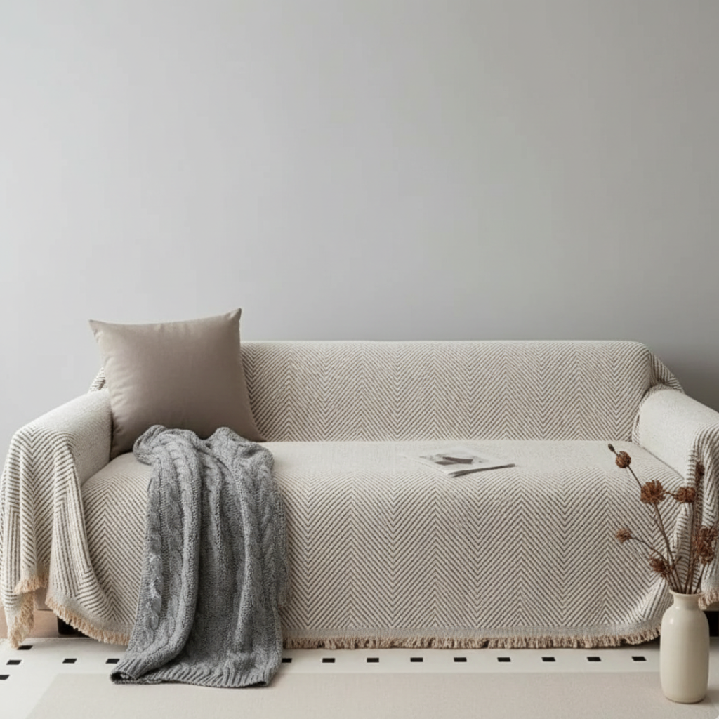 Herringbone Couch Cover, Non-Slip Microfiber Blend | Pet-Friendly Slipcover | Qonforta