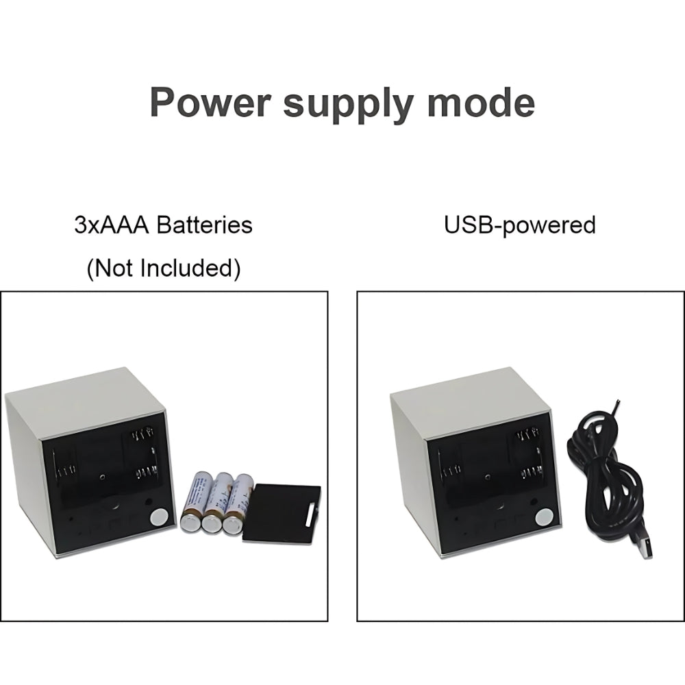 Cube LED alarm clock battery and USB power options