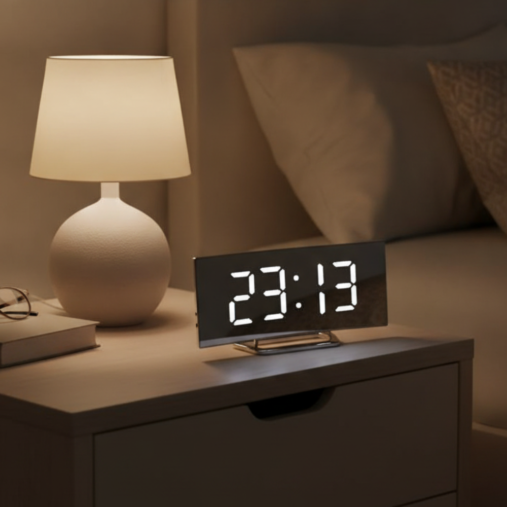 Curved LED Digital Alarm Clock | Adjustable Dimming | Qonforta