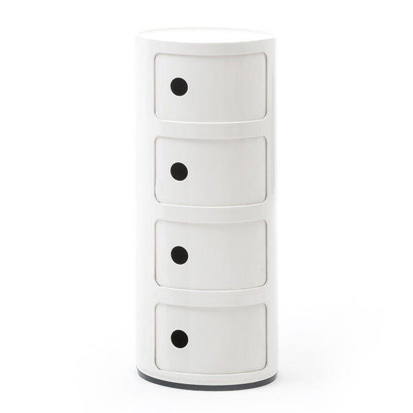 White four tier round storage unit on a white background