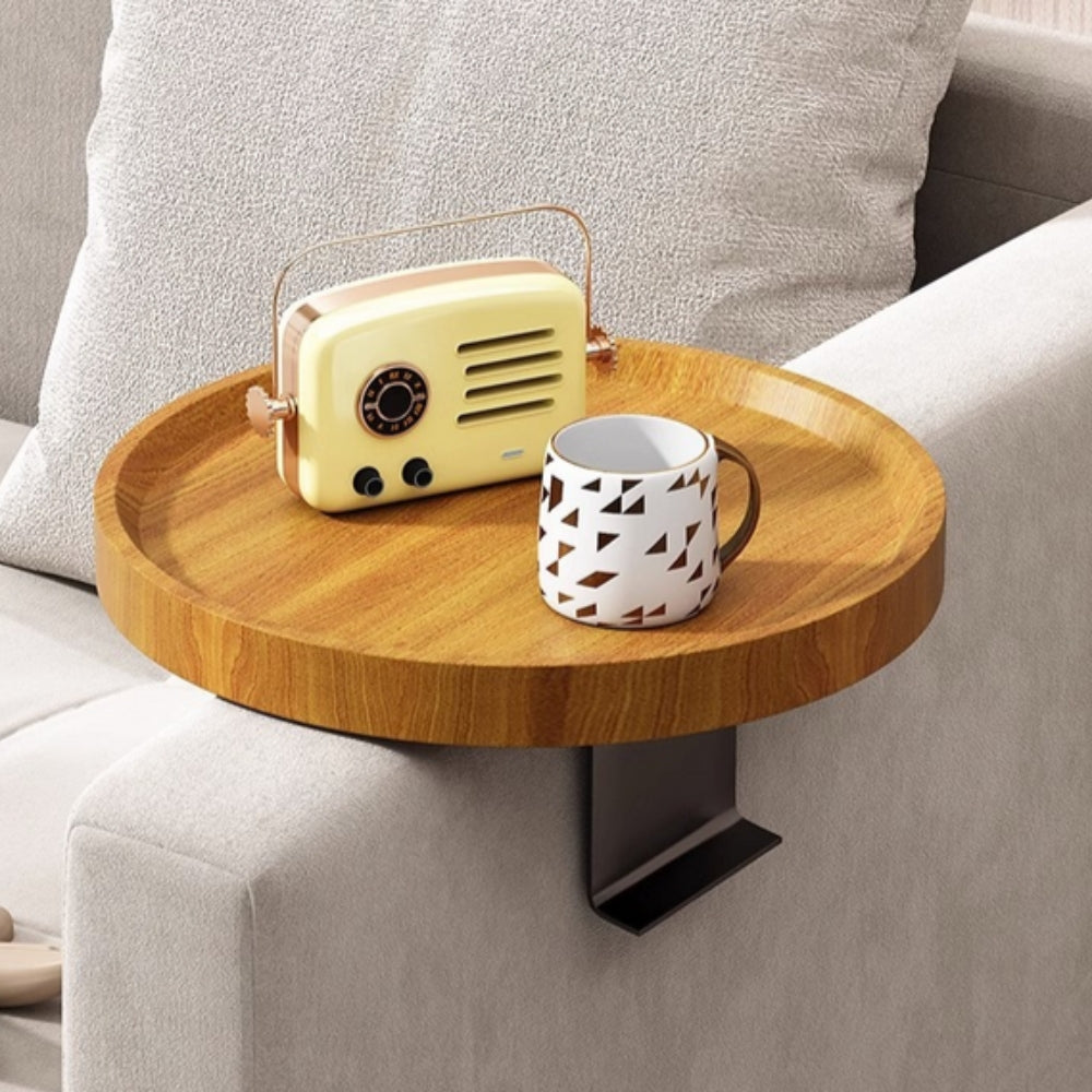 Sofa arm tray in Golden Oak with a radio and a mug