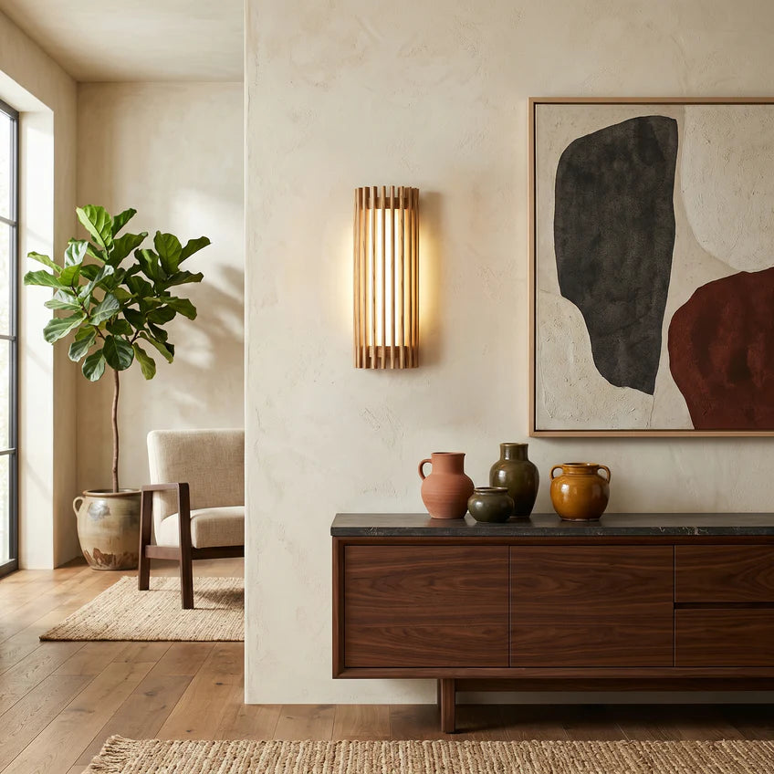 Walnut Wood Slat Wall Sconce | Warm White & Dimmable | Qonforta
