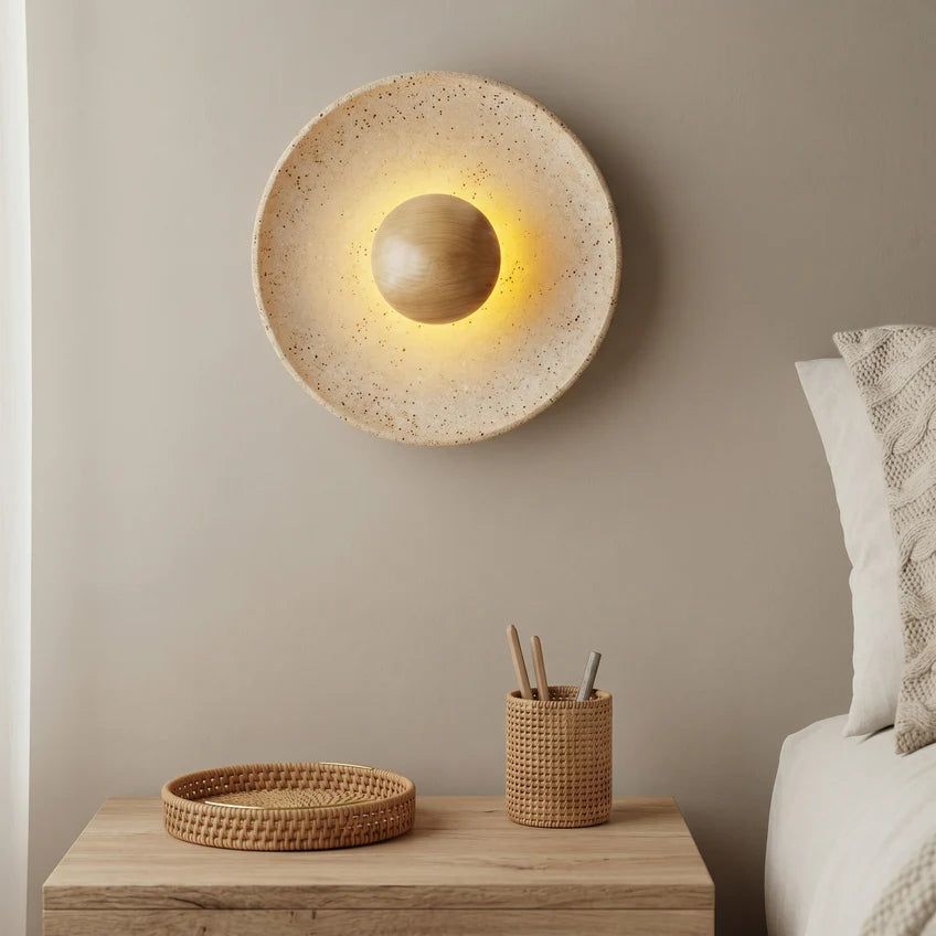 Travertine Halo Wall Sconce | Wood & Walnut | 2 Sizes | Qonforta