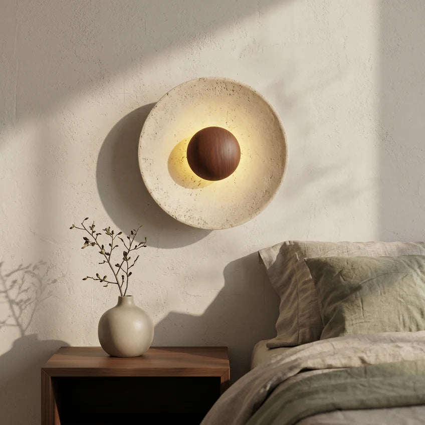 Travertine Halo Wall Sconce | Wood & Walnut | 2 Sizes | Qonforta