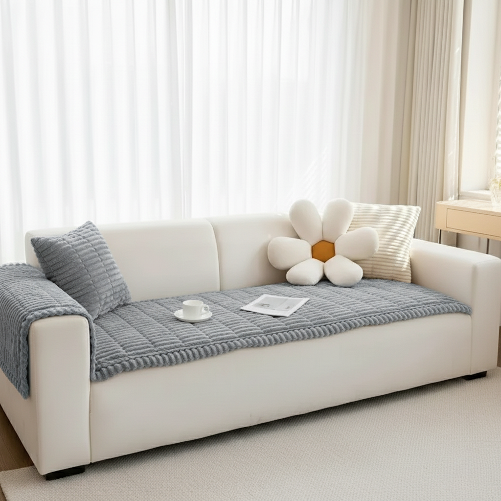 Plush Flannel Couch Cover, Anti-Slip Pleated Edges | Pet-Friendly | Qonforta