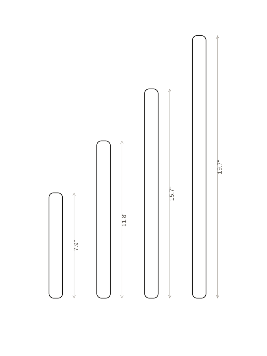 Size comparison drawing of the Flauto slim tube pendant light showing 7.9, 11.8, 15.7 and 19.7 inch tube lengths
