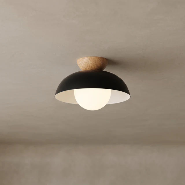 Iron Dome Flush Mount Ceiling Light | Wood Cap | Qonforta