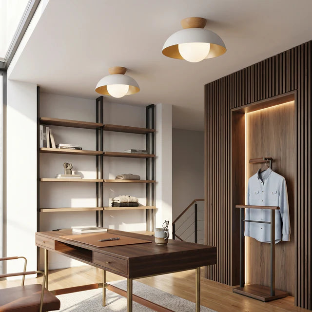 Iron Dome Flush Mount Ceiling Light | Wood Cap | Qonforta