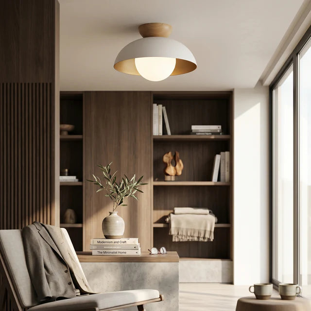 Iron Dome Flush Mount Ceiling Light | Wood Cap | Qonforta