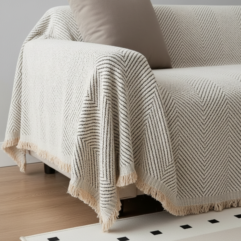 Herringbone Couch Cover, Non-Slip Microfiber Blend | Pet-Friendly Slipcover | Qonforta