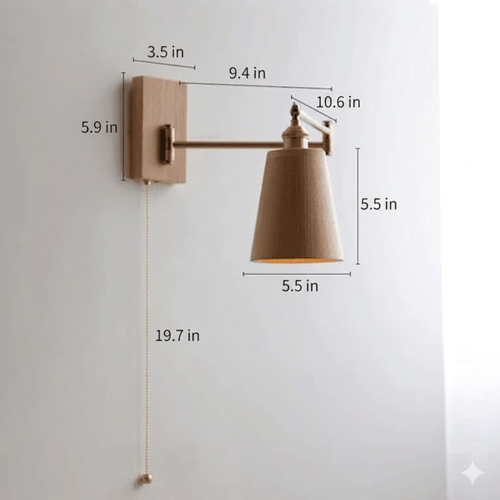 Wood Brass Wall Sconce Adjustable Arm Pull Chain Switch – 4 Variants | Qonforta