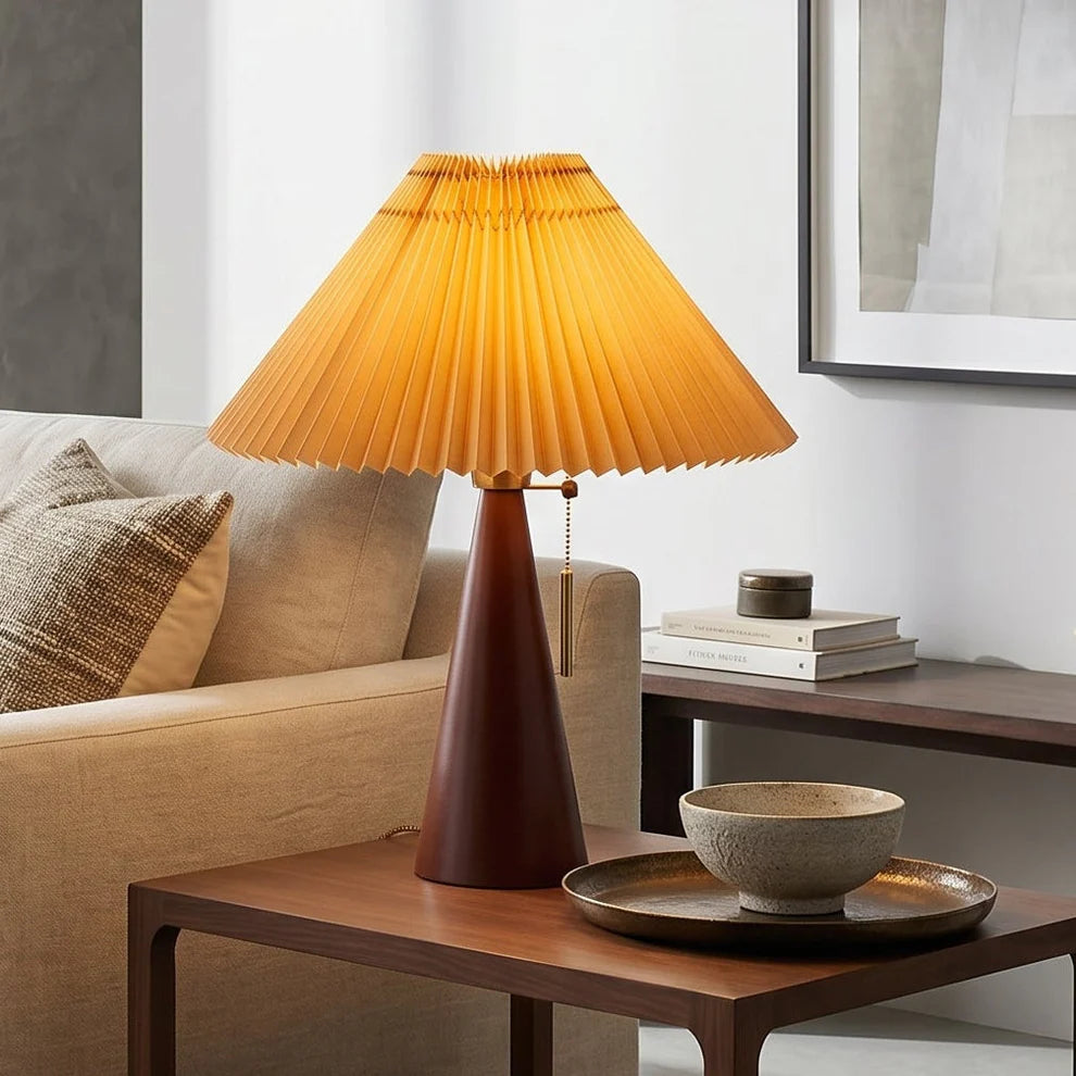 Pleated Shade Table Lamp | Tapered Wood Base, Scandinavian Style | Qonforta