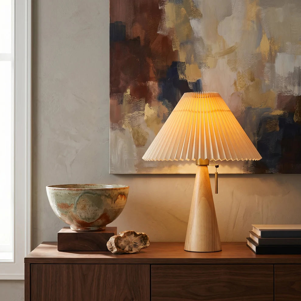 Pleated Shade Table Lamp | Tapered Wood Base, Scandinavian Style | Qonforta