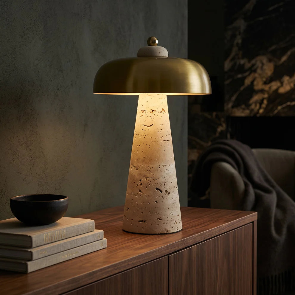 Siya Wireless Travertine Table Lamp | Gold, Brown & Black | Qonforta