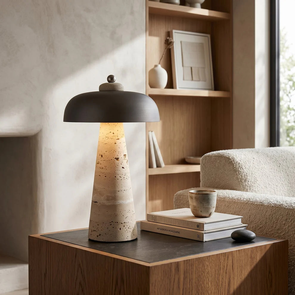 Siya Wireless Travertine Table Lamp | Gold, Brown & Black | Qonforta