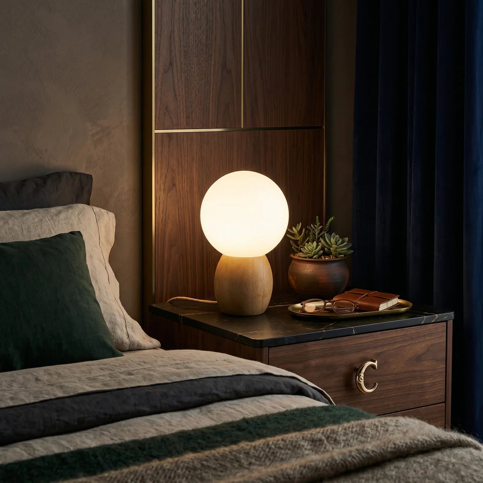 Novera Frosted Globe Table Lamp | Wood Base, Warm Ambient Light | Qonforta