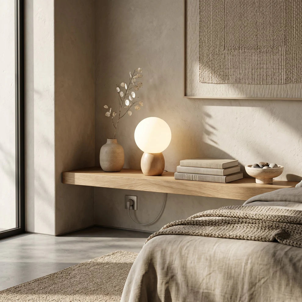 Novera Frosted Globe Table Lamp | Wood Base, Warm Ambient Light | Qonforta