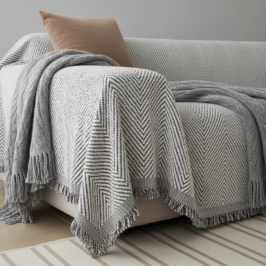 Herringbone Couch Cover, Non-Slip Microfiber Blend | Pet-Friendly Slipcover | Qonforta