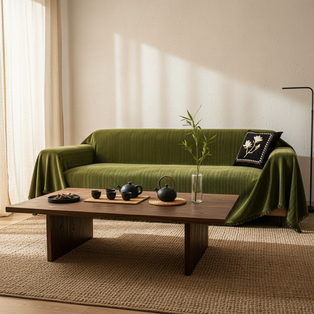 Herringbone Chenille Couch Cover, Pet-Friendly Non-Slip | Tassel Detail | Qonforta
