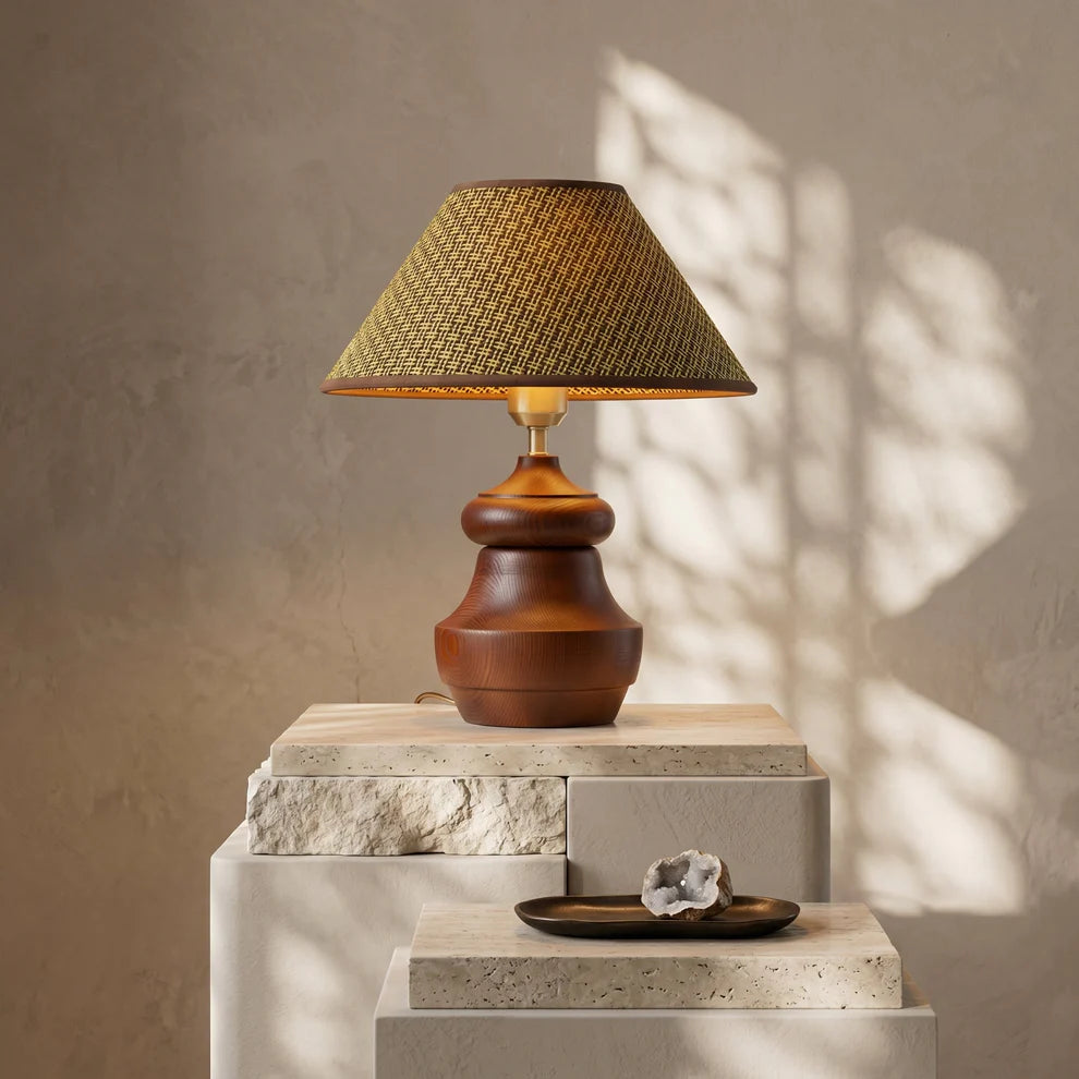 Plaid Fabric Table Lamp | Carved Wood Base, Vintage Warm Glow | Qonforta