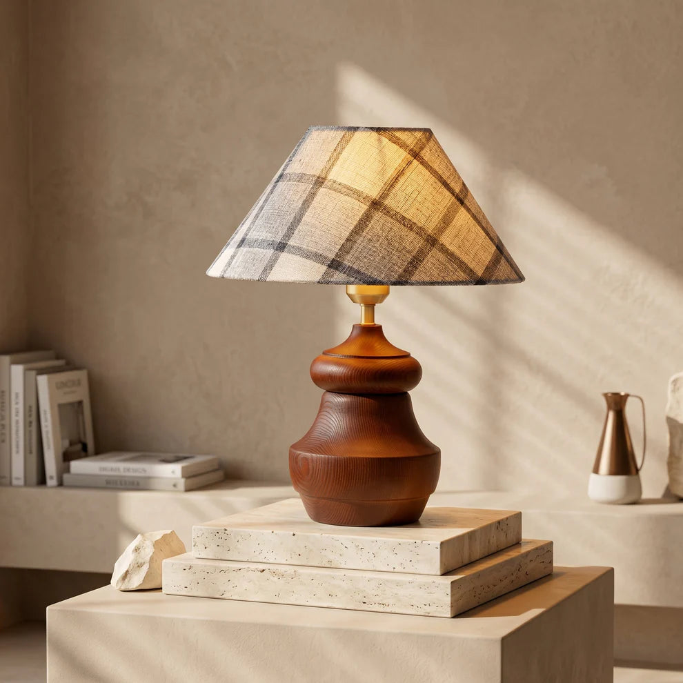Plaid Fabric Table Lamp | Carved Wood Base, Vintage Warm Glow | Qonforta