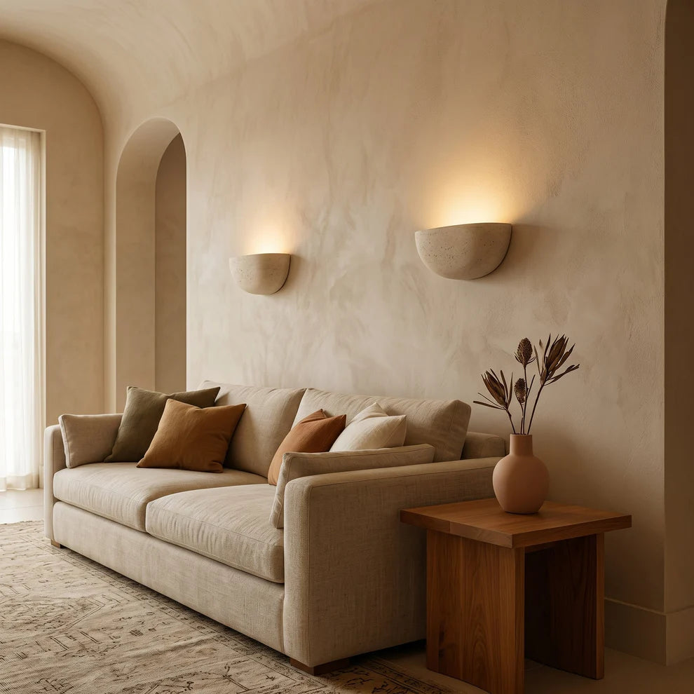 Siya Travertine Wall Sconce | Natural Stone Half-Bowl Light | Qonforta