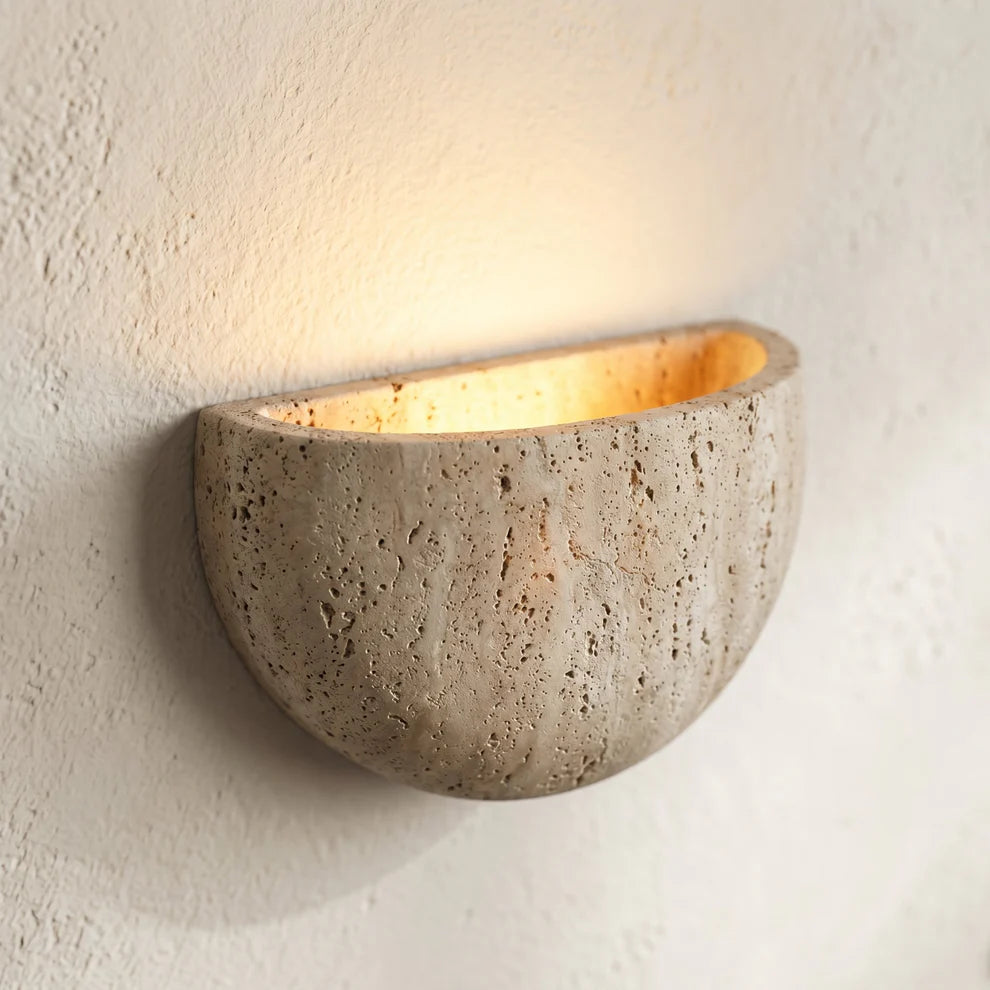 Siya Travertine Wall Sconce | Natural Stone Half-Bowl Light | Qonforta