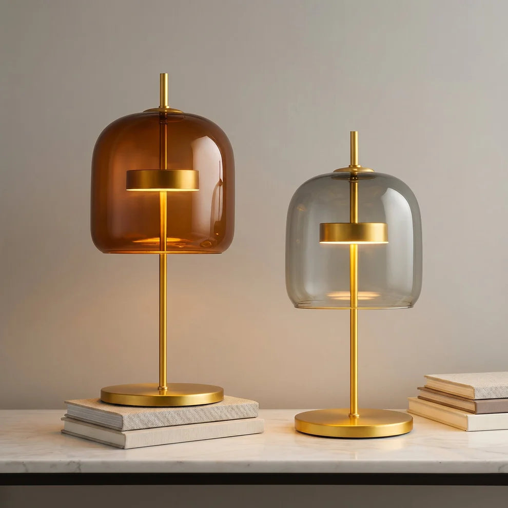 Glass Dome Table Lamp | Brushed Brass Stem, Warm LED Glow | Qonforta