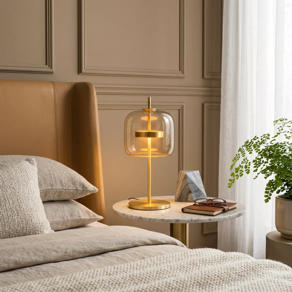 Glass Dome Table Lamp | Brushed Brass Stem, Warm LED Glow | Qonforta