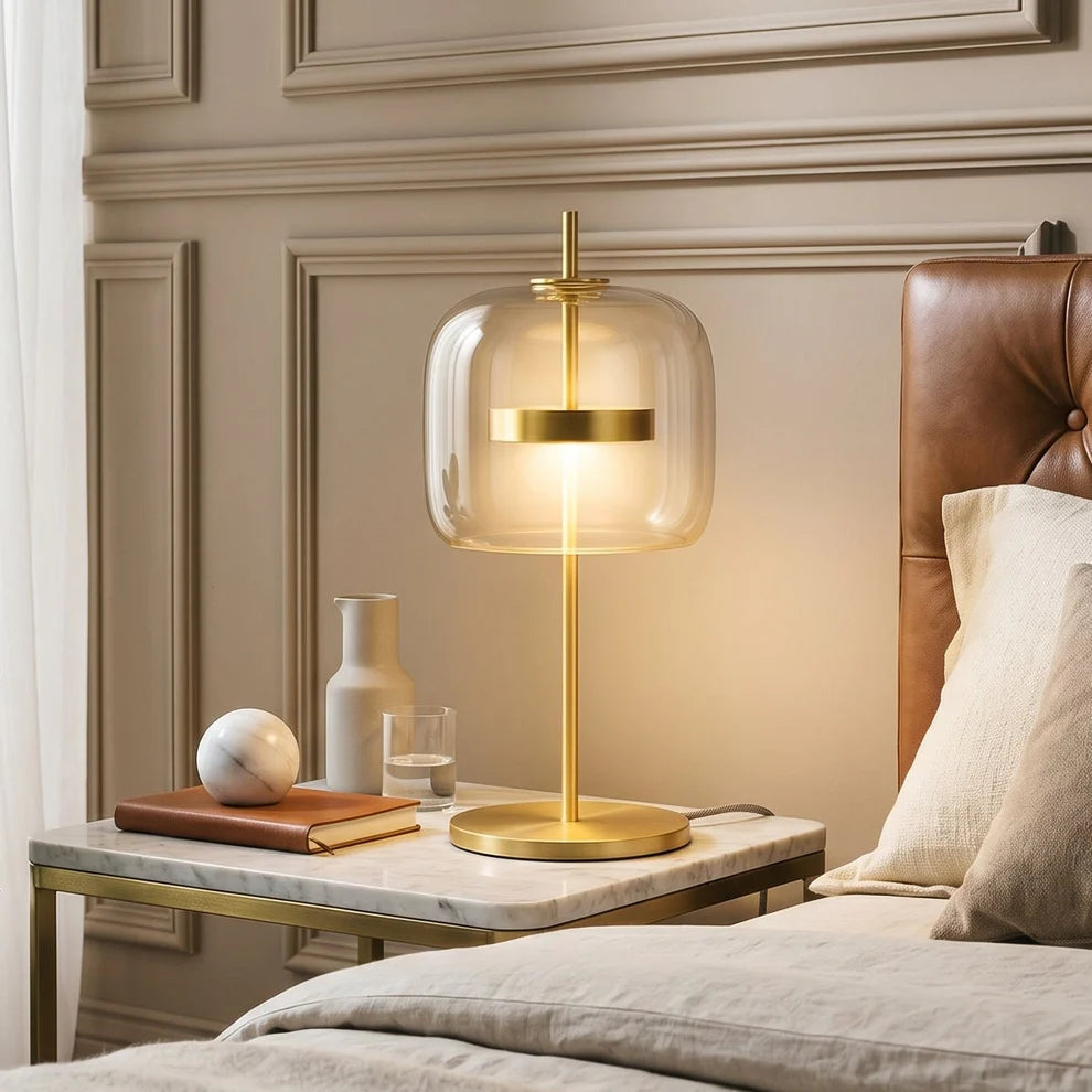 Glass Dome Table Lamp | Brushed Brass Stem, Warm LED Glow | Qonforta