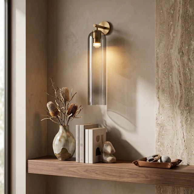 Glass Tube Wall Sconce – Dimmable Brass Modern Light | Qonforta