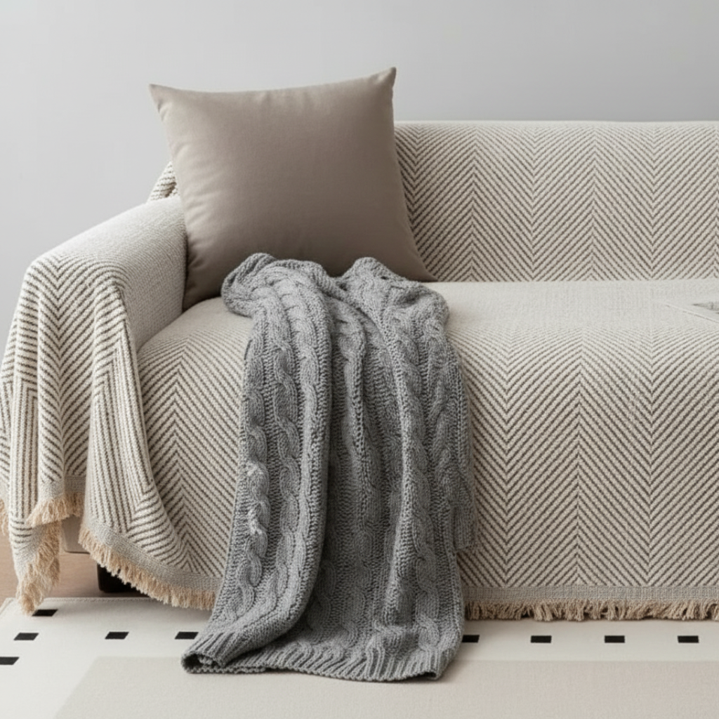 Herringbone Couch Cover, Non-Slip Microfiber Blend | Pet-Friendly Slipcover | Qonforta