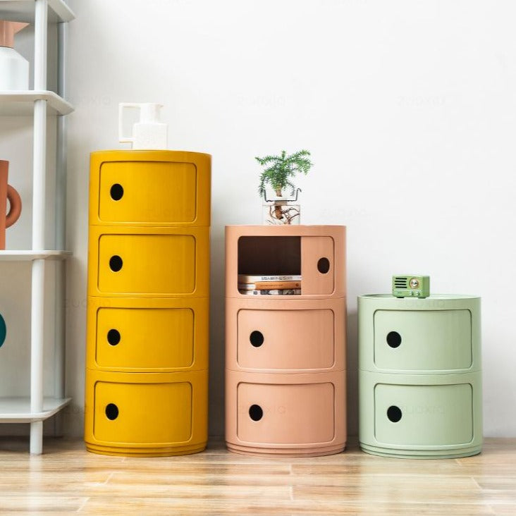 Turmeric, nude and matcha round storage units in different heights
