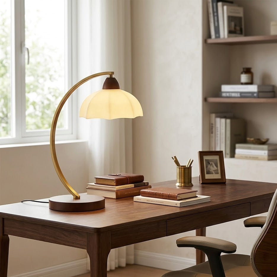 Curved Arm Vintage Table Lamp | Brass Arc, Scalloped Shade & Wood Base | Qonforta