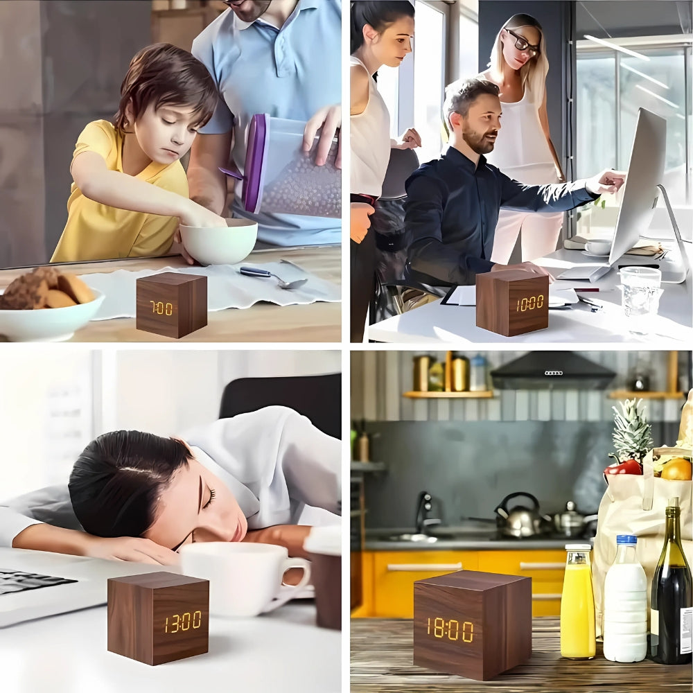 Cube LED alarm clock in a kitchen, an office and a bedroom