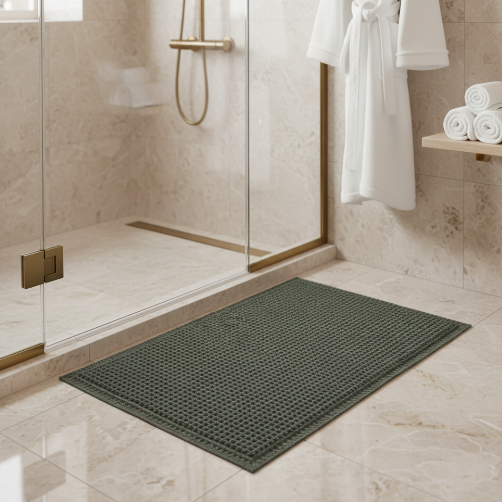Waffle Bath Mat, Non-Slip Microfiber with Tassels | Quick-Dry Bathroom Rug | Qonforta
