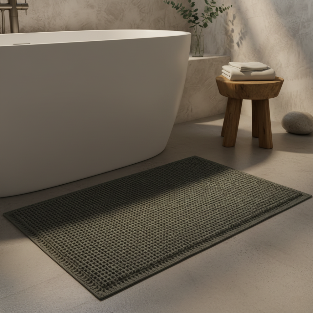Waffle Bath Mat, Non-Slip Microfiber with Tassels | Quick-Dry Bathroom Rug | Qonforta