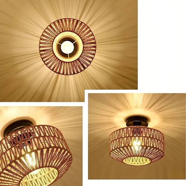 Handwoven Rattan Boho Flush Mount Ceiling Light | Natural | Qonforta