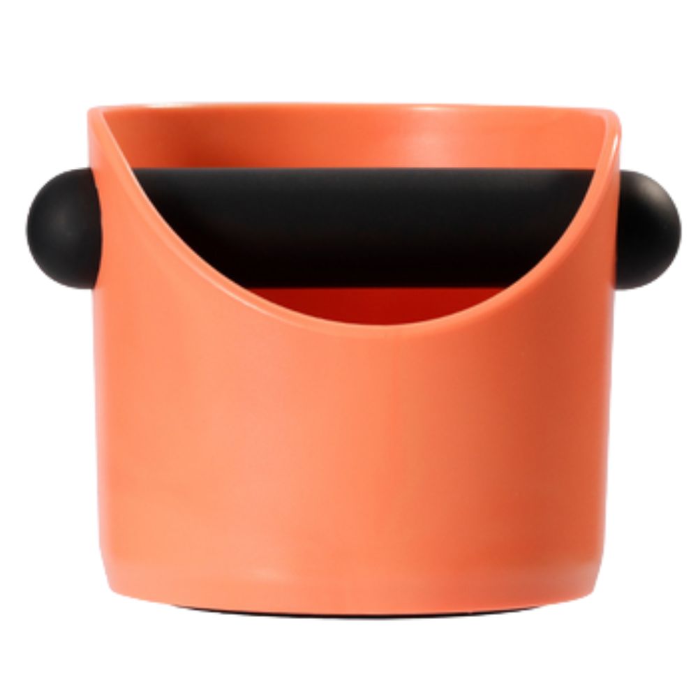 Espresso knock box in Coral Orange, front view