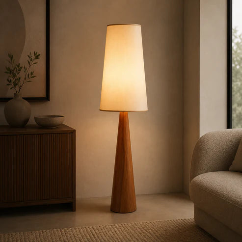 Wood Floor Lamp Tall Fabric Shade Plug-In | Qonforta
