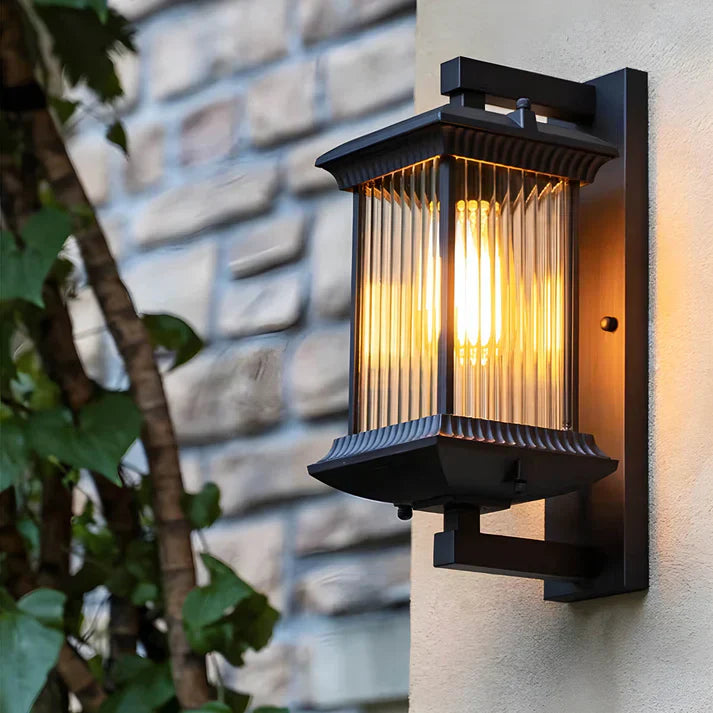 Coffee Brown Outdoor Lantern Wall Light | Fluted Glass Wall Sconce | Qonforta