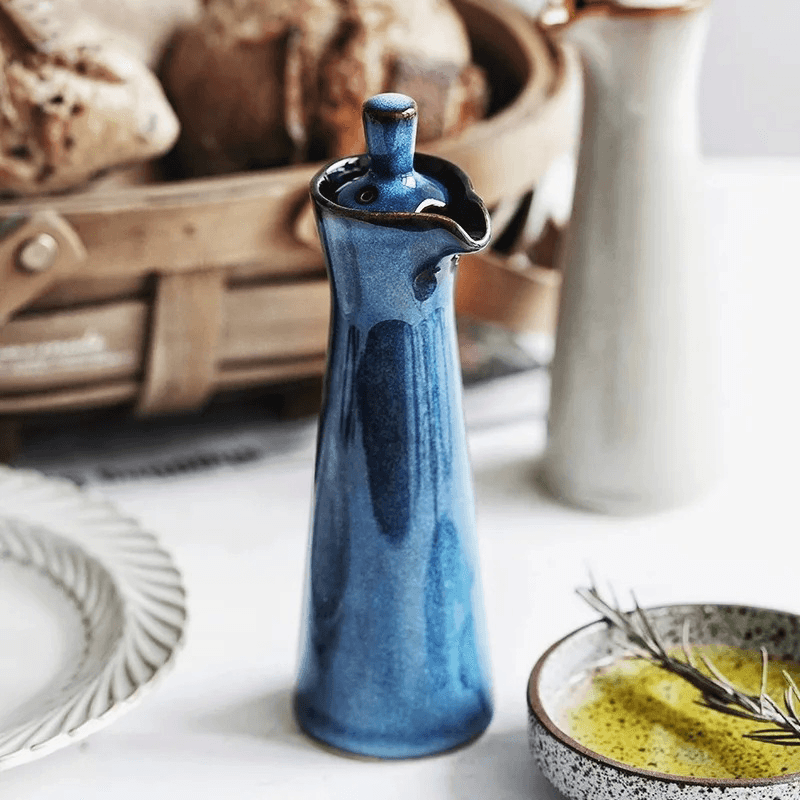 Ceramic Run Glaze Oil & Vinegar Dispenser | Stoneware Pour Bottle | Qonforta